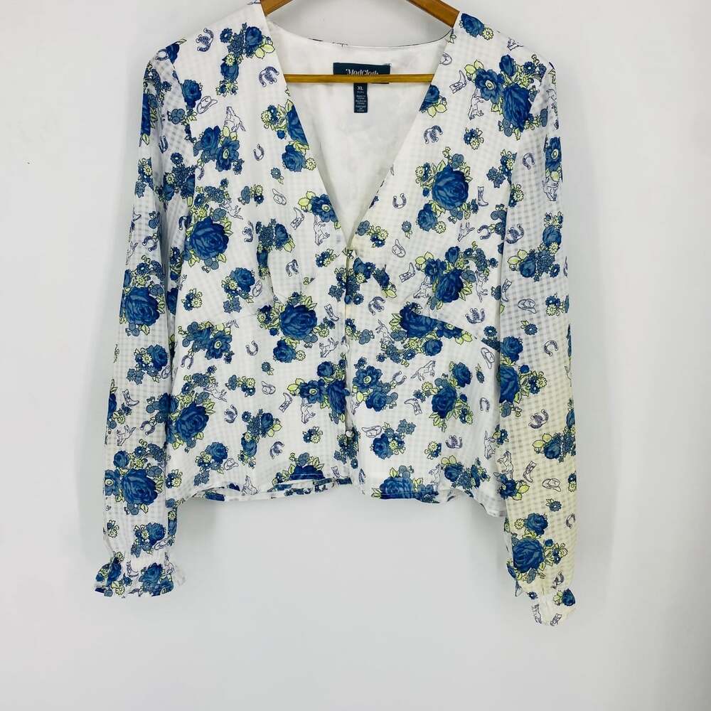 ModCloth Horse Floral Peasant Blouse XL Blue Rose Western Cottagecore NWT Defect